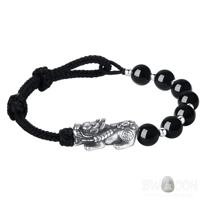 Buddha Stones 999 Sterling Silver FengShui PiXiu Natural Black Obsidian 925 Sterling Silver Bead Strength Bracelet