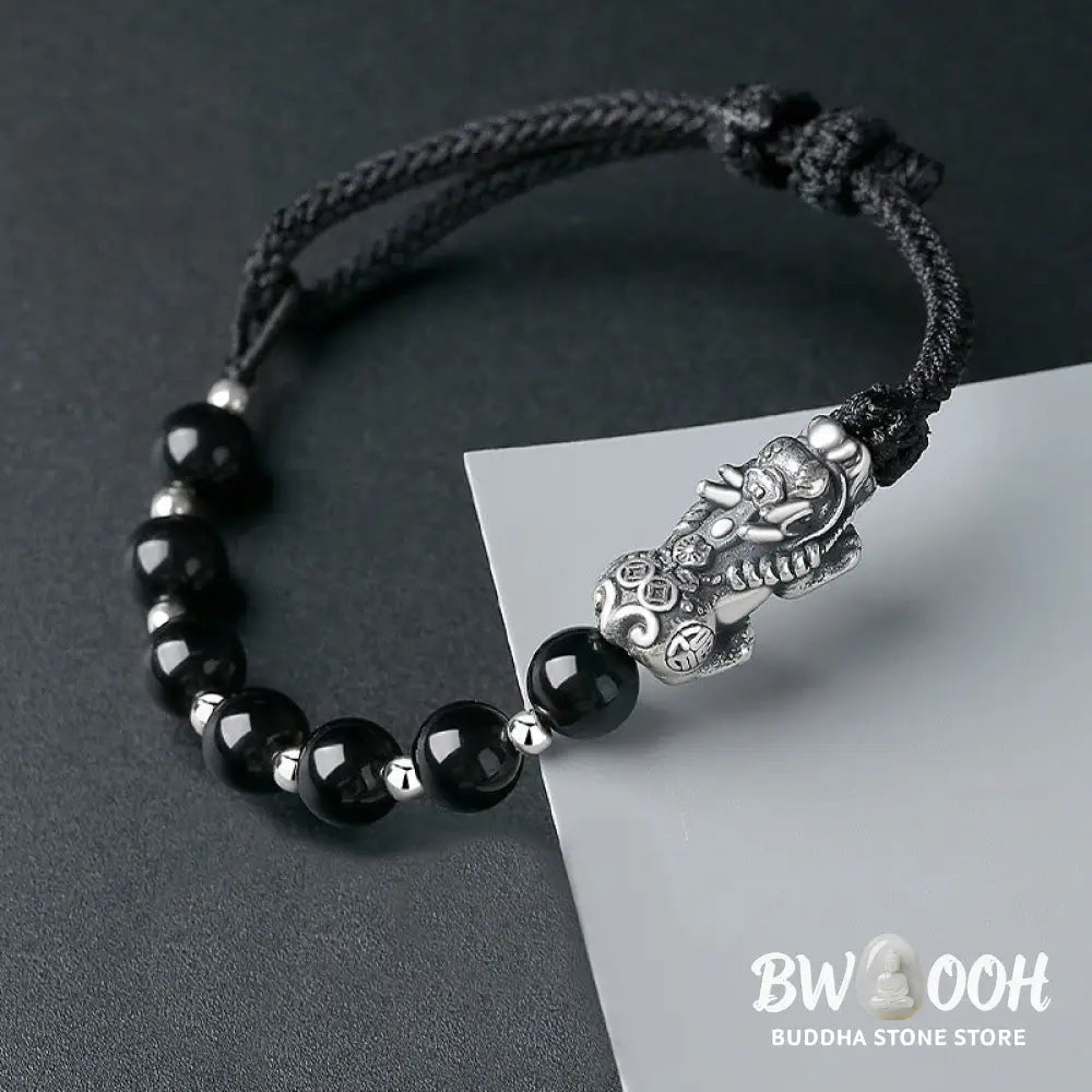 Buddha Stones 999 Sterling Silver FengShui PiXiu Natural Black Obsidian 925 Sterling Silver Bead Strength Bracelet