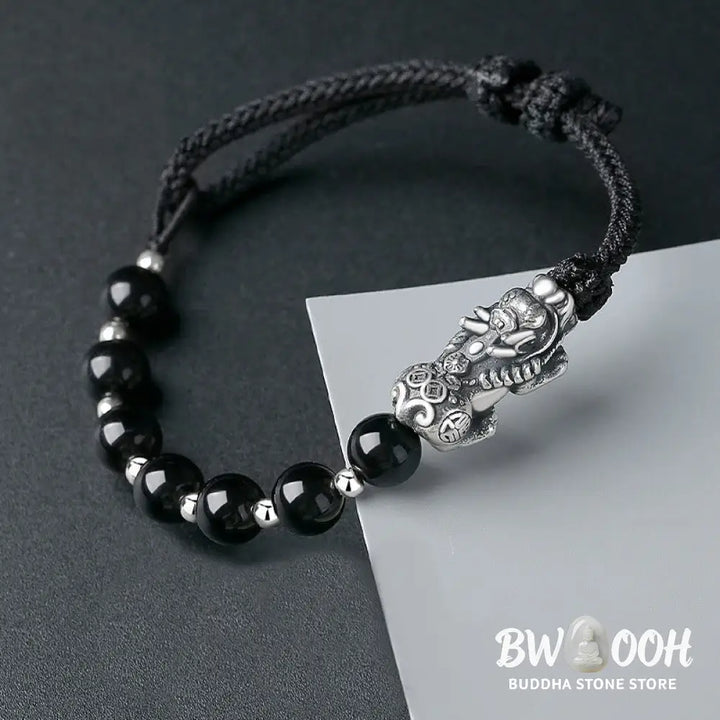 Buddha Stones 999 Sterling Silver FengShui PiXiu Natural Black Obsidian 925 Sterling Silver Bead Strength Bracelet