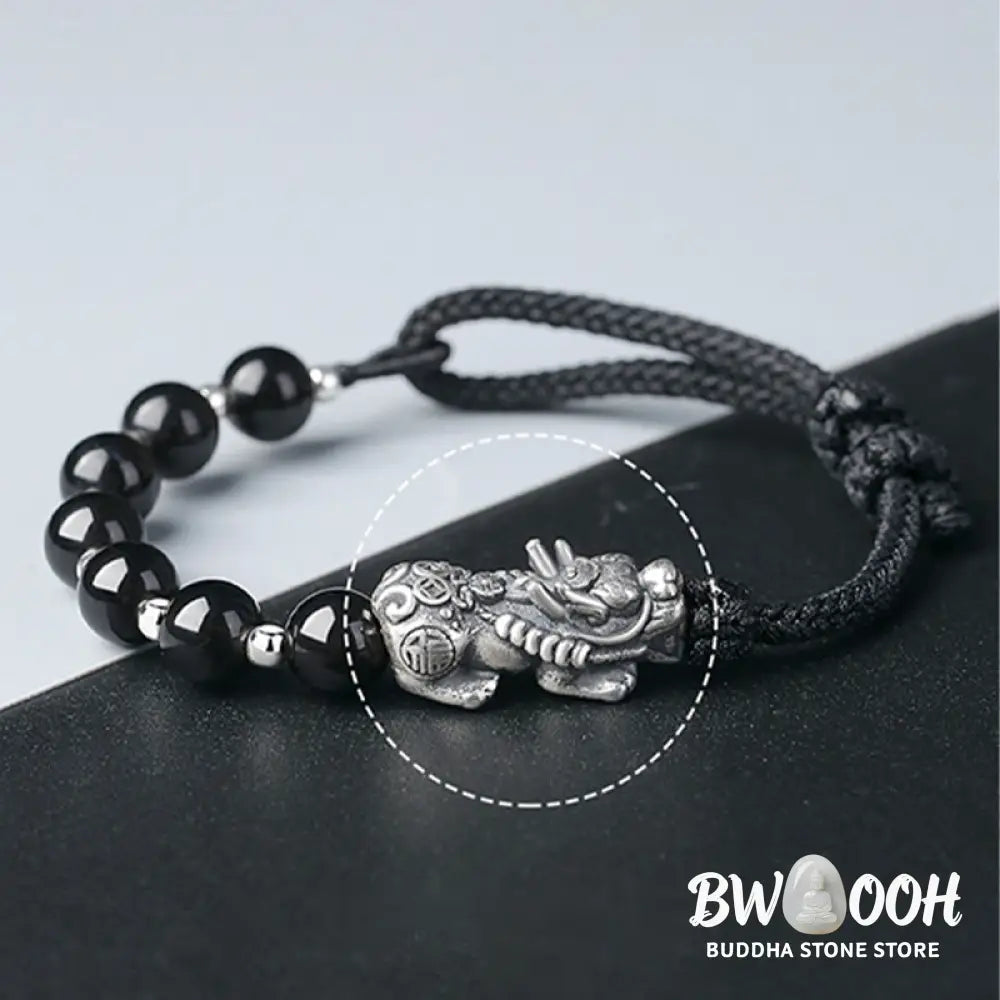 Buddha Stones 999 Sterling Silver FengShui PiXiu Natural Black Obsidian 925 Sterling Silver Bead Strength Bracelet