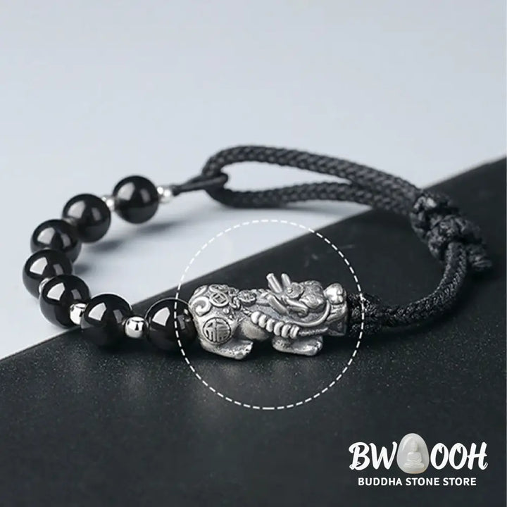 Buddha Stones 999 Sterling Silver FengShui PiXiu Natural Black Obsidian 925 Sterling Silver Bead Strength Bracelet