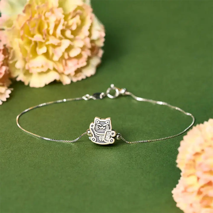 Buddha Stones 999 Sterling Silver Fortune Cat 925 Sterling Silver Chain Protection Bracelet - 15-17cm - Bracelet