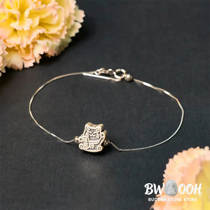 Buddha Stones 999 Sterling Silver Fortune Cat 925 Sterling Silver Chain Protection Bracelet - Bracelet