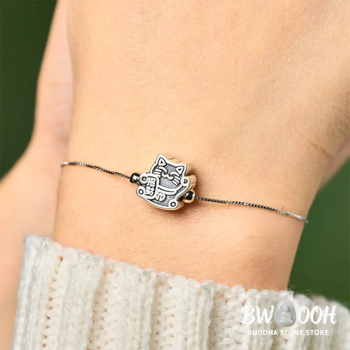 Buddha Stones 999 Sterling Silver Fortune Cat 925 Sterling Silver Chain Protection Bracelet - Bracelet