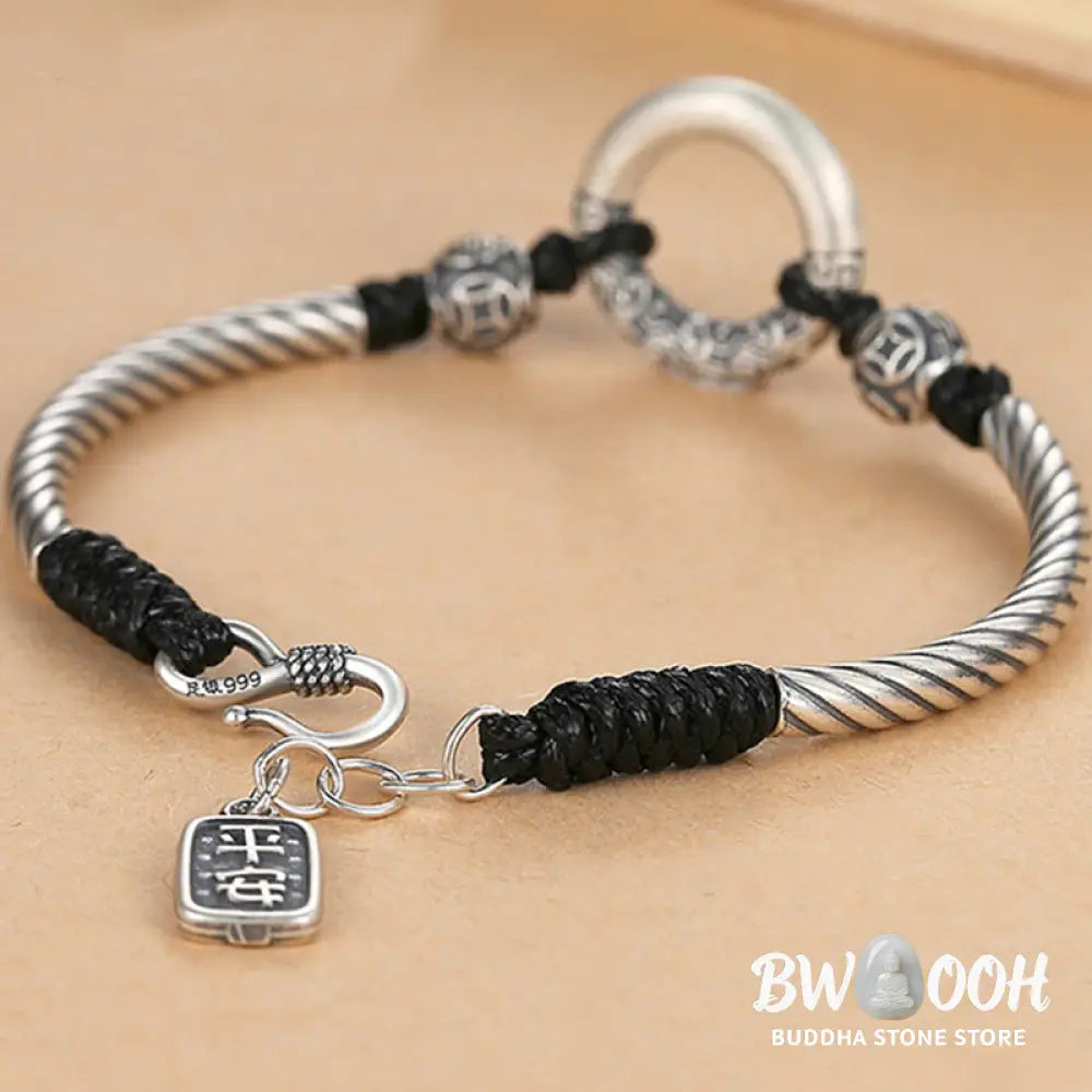Buddha Stones 999 Sterling Silver Fu Character Peace Buckle Copper Coin Auspicious Clouds Fortune Bracelet - BWOOOH