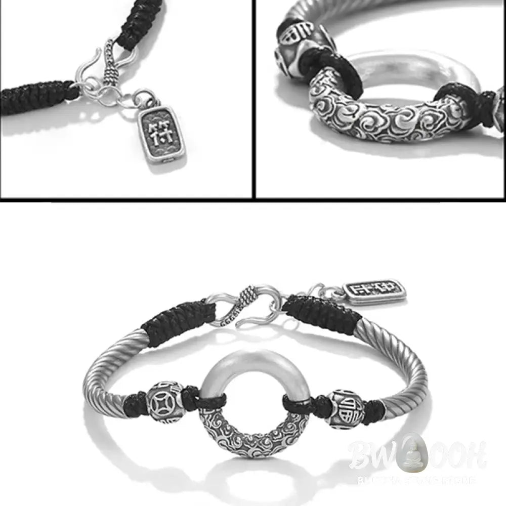 Buddha Stones 999 Sterling Silver Fu Character Peace Buckle Copper Coin Auspicious Clouds Fortune Bracelet - BWOOOH