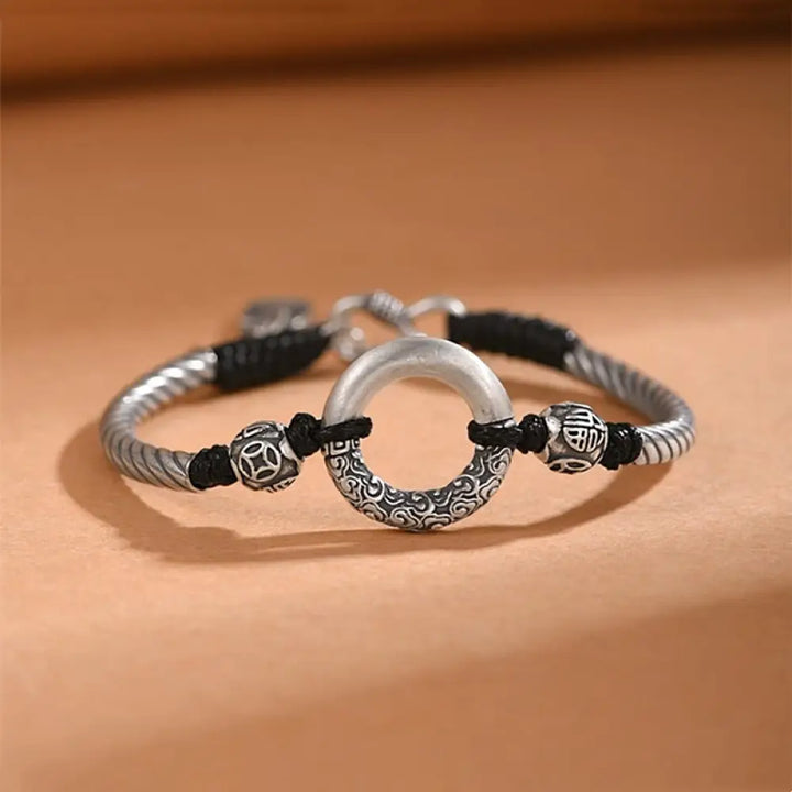 BWOOOH 999 Sterling Silver Fu Character Peace Buckle Copper Coin Auspicious Clouds Fortune Bracelet - BWOOOH