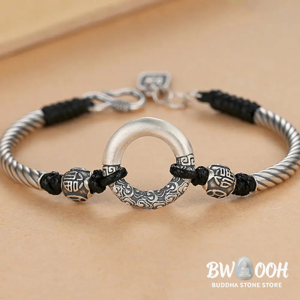Buddha Stones 999 Sterling Silver Fu Character Peace Buckle Copper Coin Auspicious Clouds Fortune Bracelet - BWOOOH