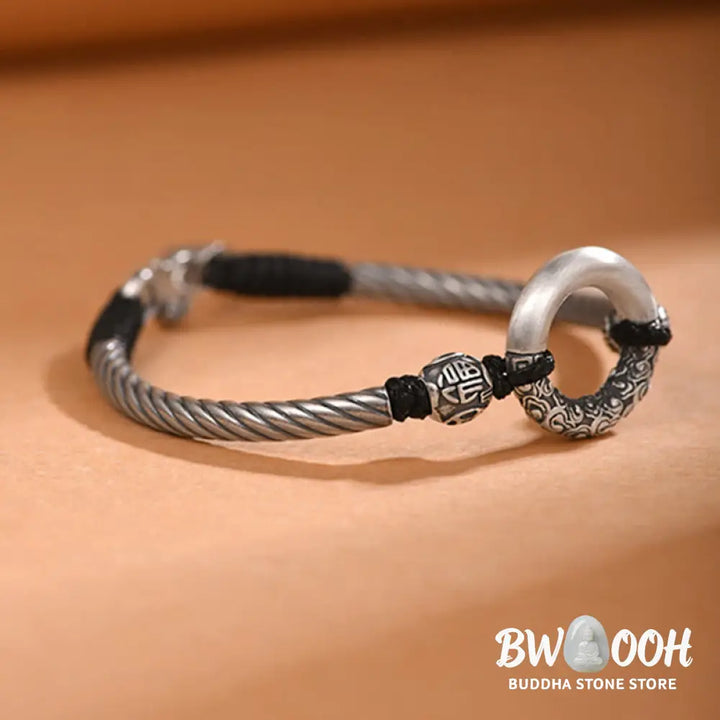 Buddha Stones 999 Sterling Silver Fu Character Peace Buckle Copper Coin Auspicious Clouds Fortune Bracelet - BWOOOH