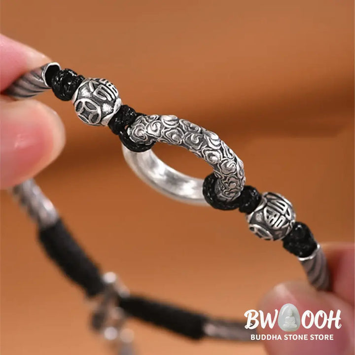 Buddha Stones 999 Sterling Silver Fu Character Peace Buckle Copper Coin Auspicious Clouds Fortune Bracelet - BWOOOH