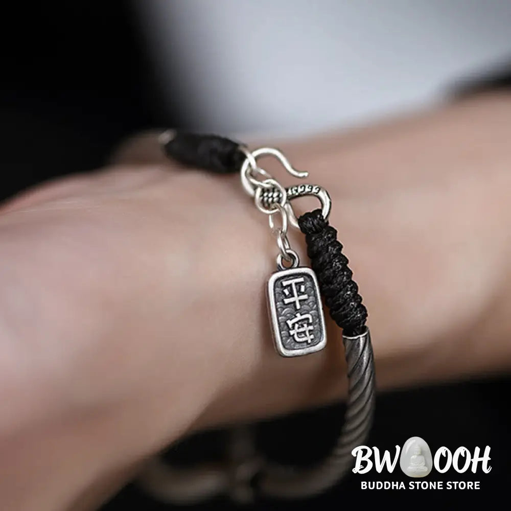 Buddha Stones 999 Sterling Silver Fu Character Peace Buckle Copper Coin Auspicious Clouds Fortune Bracelet - BWOOOH
