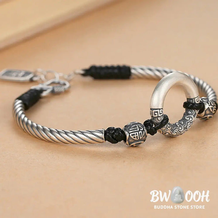 Buddha Stones 999 Sterling Silver Fu Character Peace Buckle Copper Coin Auspicious Clouds Fortune Bracelet - BWOOOH