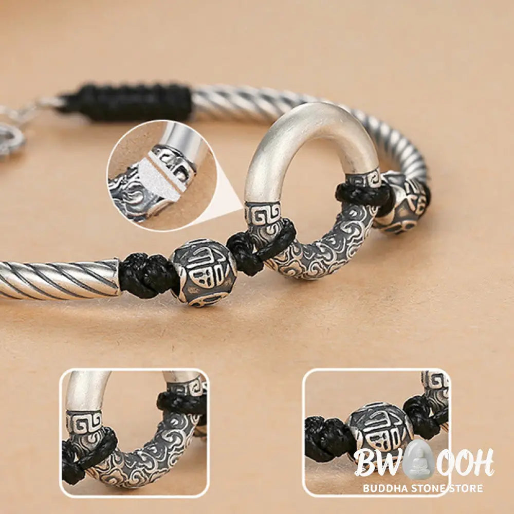 Buddha Stones 999 Sterling Silver Fu Character Peace Buckle Copper Coin Auspicious Clouds Fortune Bracelet - BWOOOH