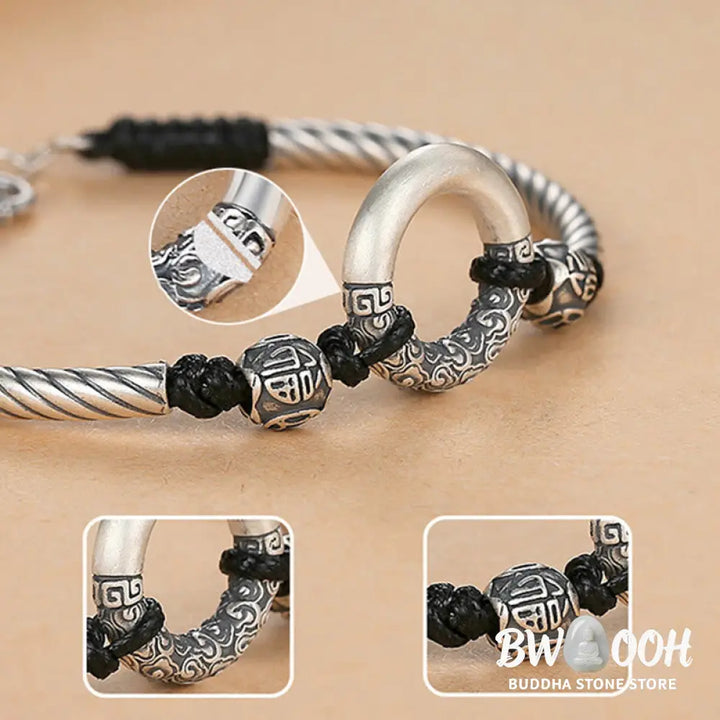 Buddha Stones 999 Sterling Silver Fu Character Peace Buckle Copper Coin Auspicious Clouds Fortune Bracelet - BWOOOH
