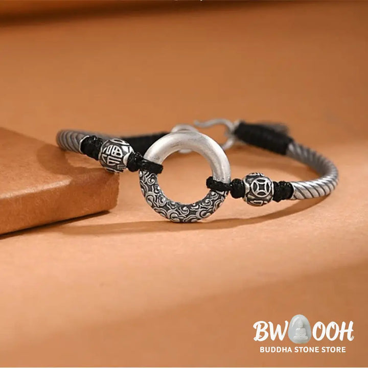 Buddha Stones 999 Sterling Silver Fu Character Peace Buckle Copper Coin Auspicious Clouds Fortune Bracelet - BWOOOH