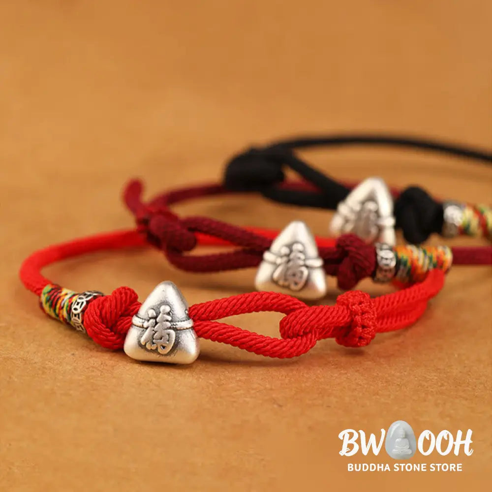 Buddha Stones 999 Sterling Silver Fu Character Zongzi Fortune Luck Rope Bracelet - Bracelet