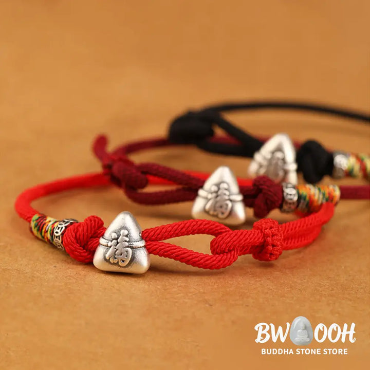 Buddha Stones 999 Sterling Silver Fu Character Zongzi Fortune Luck Rope Bracelet - Bracelet