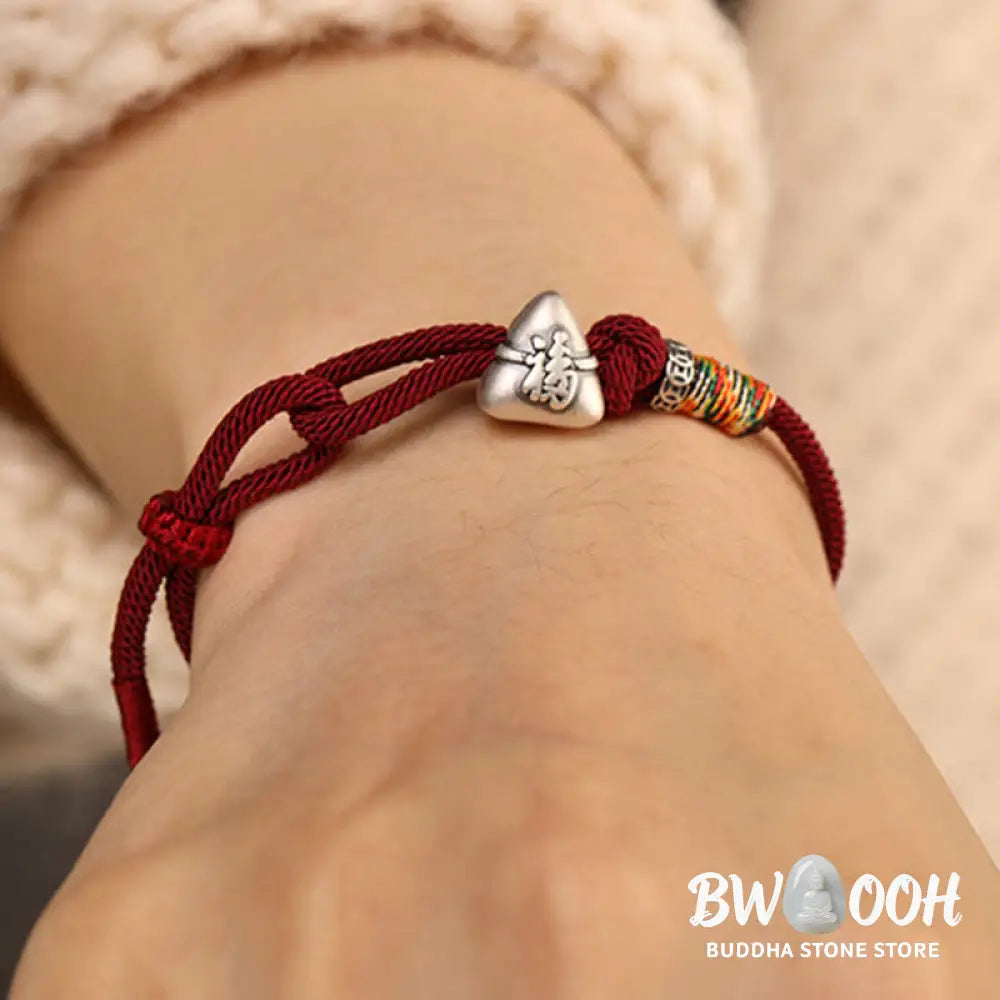 Buddha Stones 999 Sterling Silver Fu Character Zongzi Fortune Luck Rope Bracelet - Bracelet
