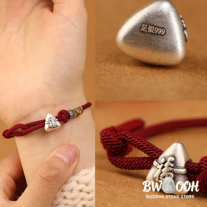 Buddha Stones 999 Sterling Silver Fu Character Zongzi Fortune Luck Rope Bracelet - Bracelet
