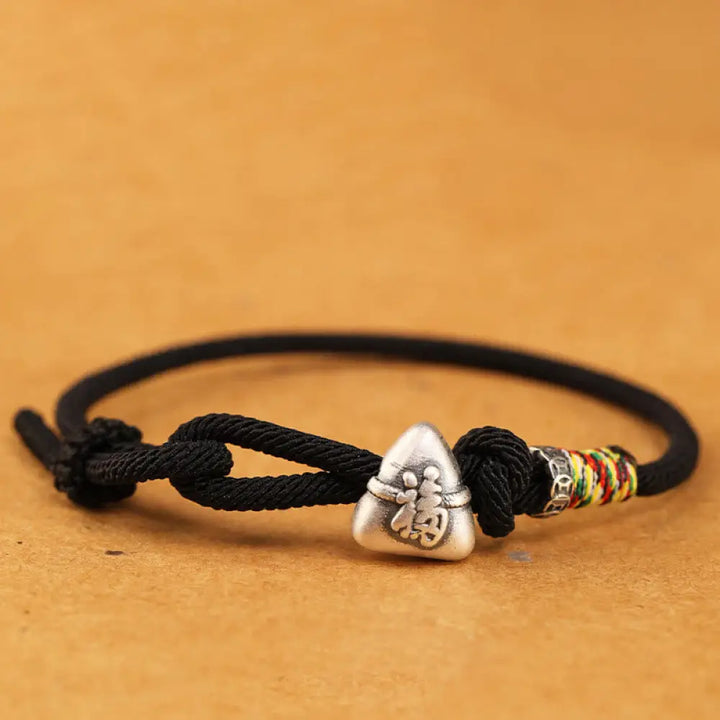 Buddha Stones 999 Sterling Silver Fu Character Zongzi Fortune Luck Rope Bracelet - Black / 14-18cm - Bracelet