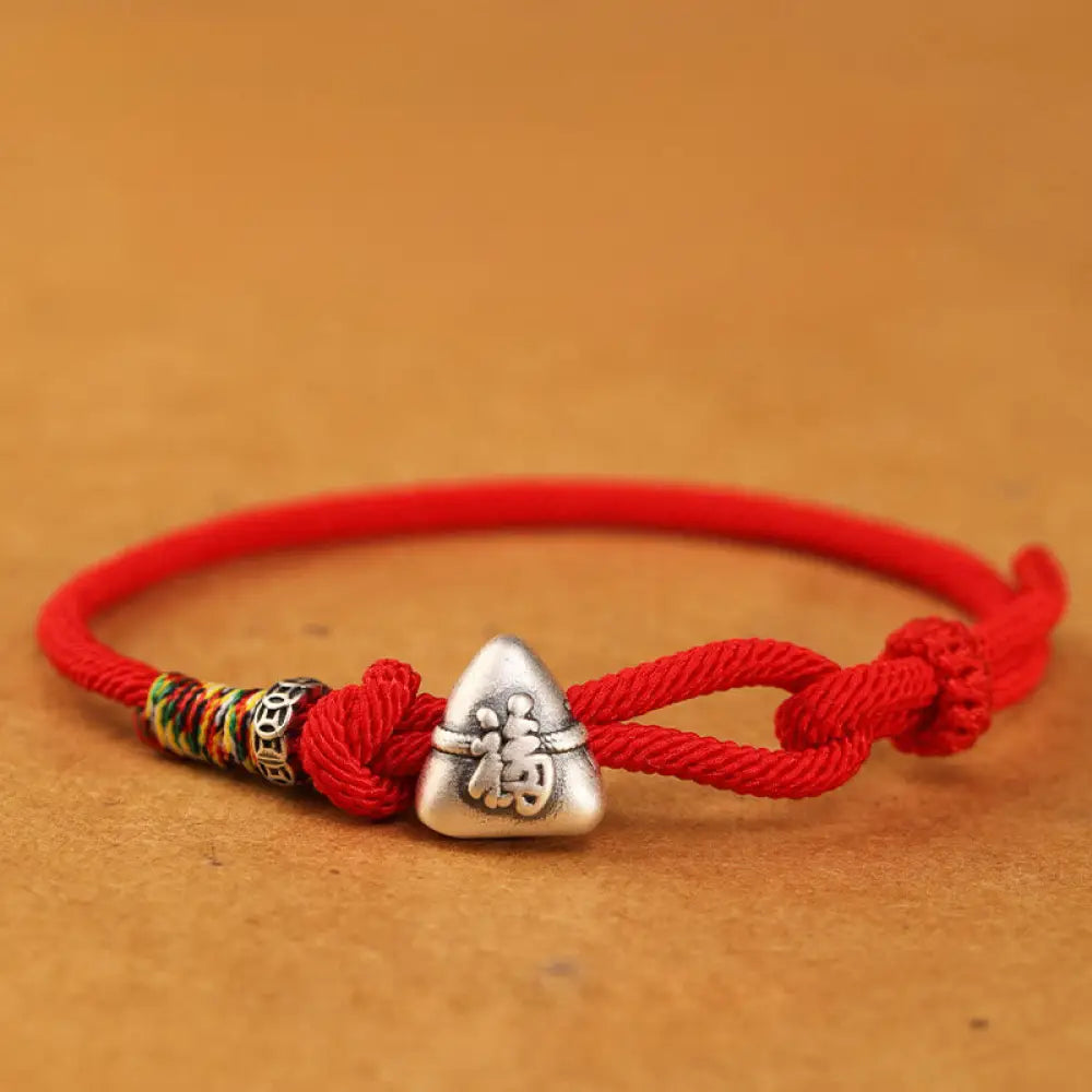 Buddha Stones 999 Sterling Silver Fu Character Zongzi Fortune Luck Rope Bracelet - Red / 14-18cm - Bracelet