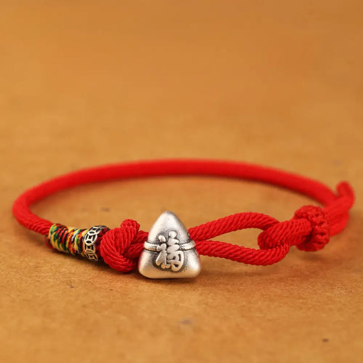 Buddha Stones 999 Sterling Silver Fu Character Zongzi Fortune Luck Rope Bracelet - Red / 14-18cm - Bracelet