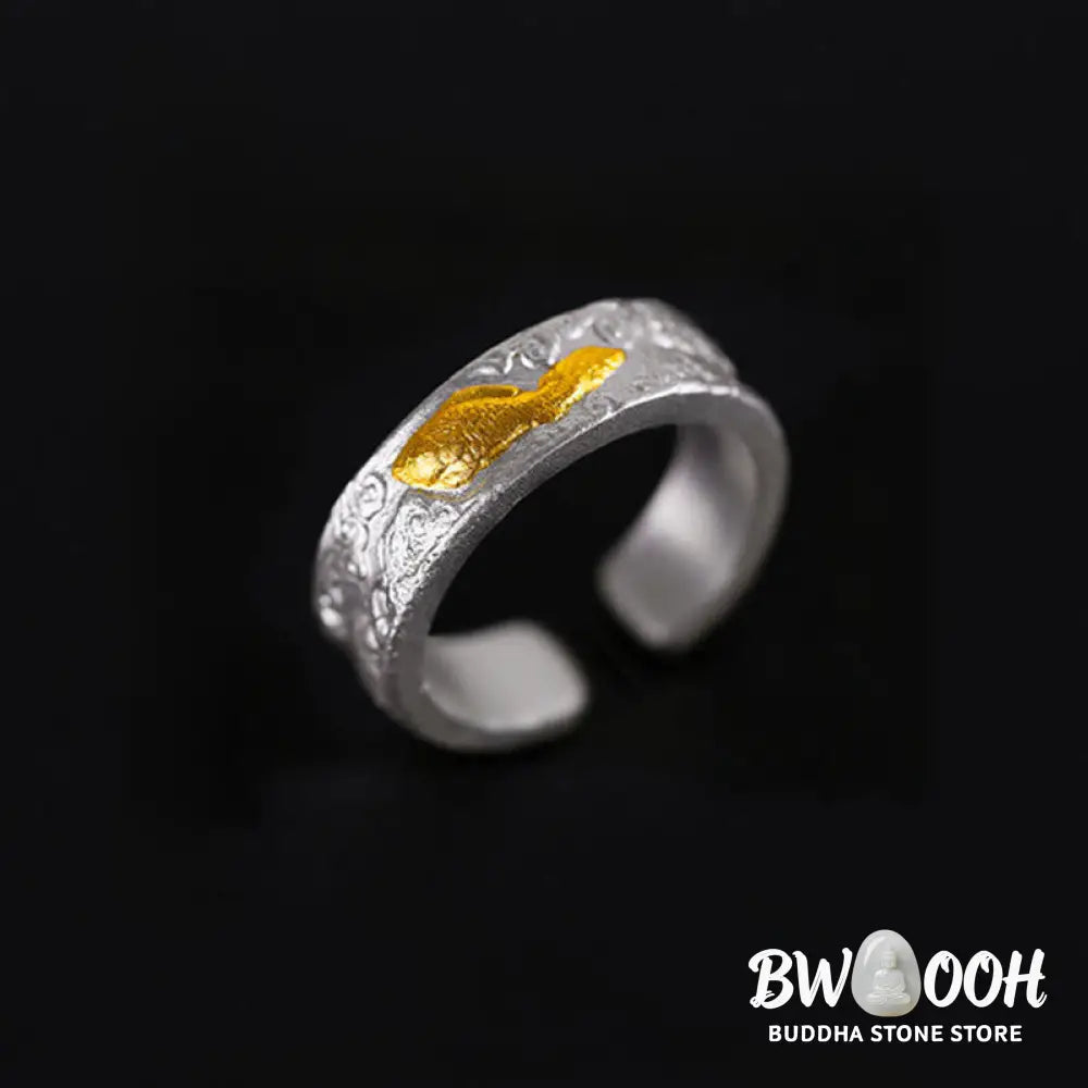 Buddha Stones 999 Sterling Silver 999 Gold Koi Fish Auspicious Clouds Luck Ring - Ring
