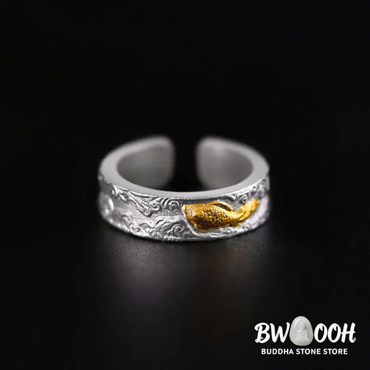 Buddha Stones 999 Sterling Silver 999 Gold Koi Fish Auspicious Clouds Luck Ring - Ring