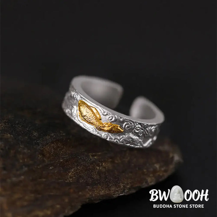 Buddha Stones 999 Sterling Silver 999 Gold Koi Fish Auspicious Clouds Luck Ring - Ring