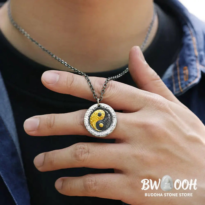 Buddha Stones 999 Sterling Silver 999 Gold Yin Yang Balance Titanium Steel Chain Necklace Pendant - BWOOOH - Yin Yang