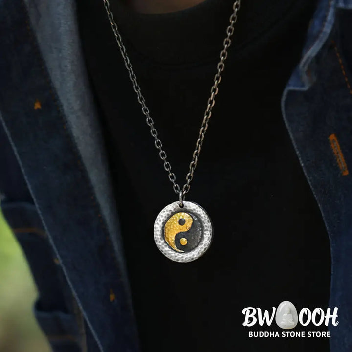 Buddha Stones 999 Sterling Silver 999 Gold Yin Yang Balance Titanium Steel Chain Necklace Pendant - BWOOOH - Yin Yang