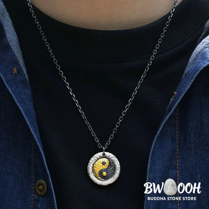 Buddha Stones 999 Sterling Silver 999 Gold Yin Yang Balance Titanium Steel Chain Necklace Pendant - BWOOOH - Yin Yang