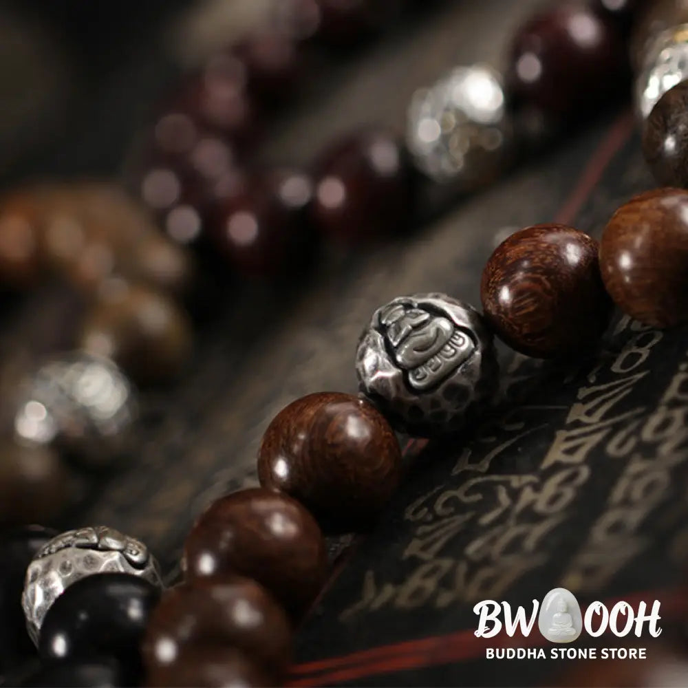 Buddha Stones 999 Sterling Silver Green Sandalwood Small Leaf Red Sandalwood Buddha Cure Bracelet - Bracelet