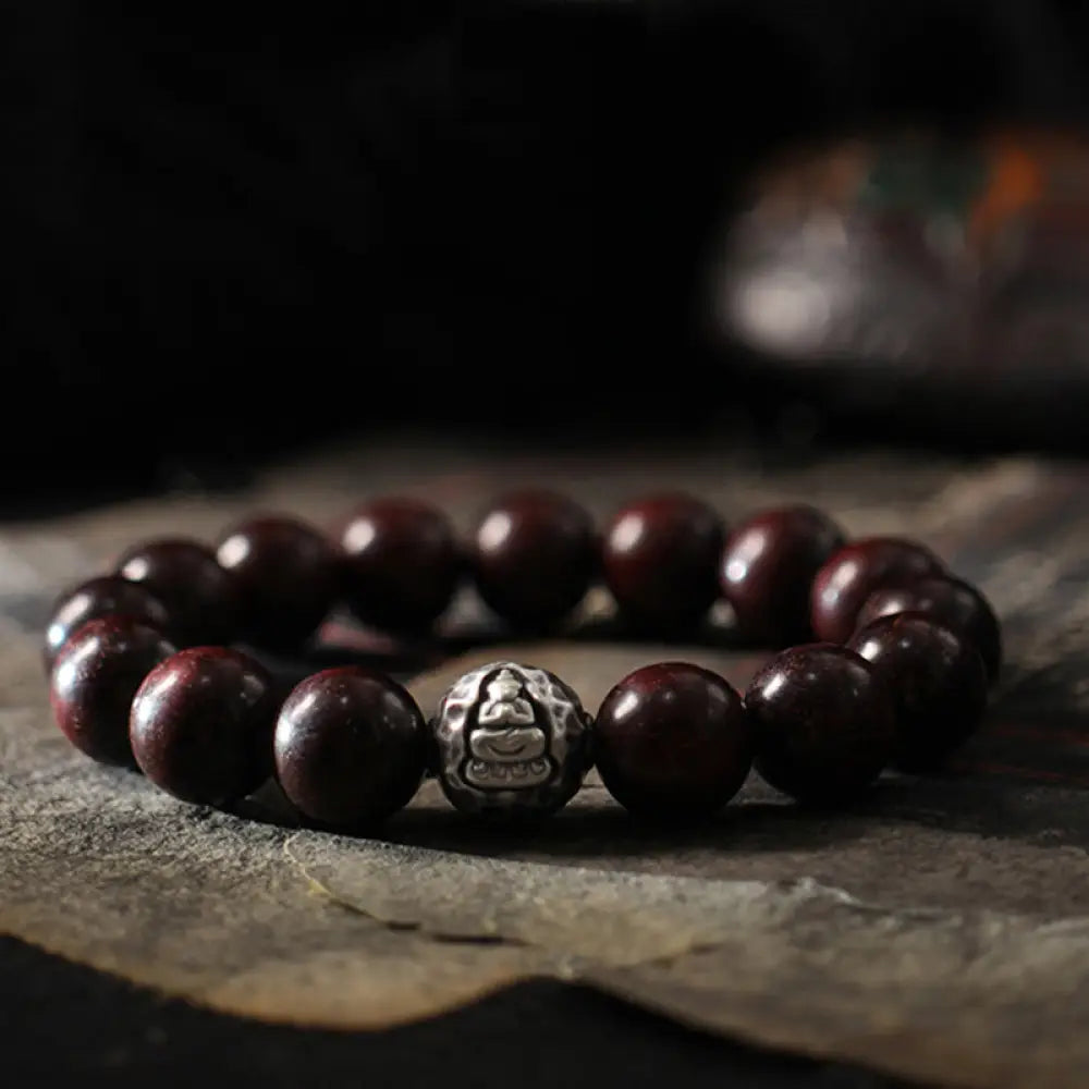 Buddha Stones 999 Sterling Silver Green Sandalwood Small Leaf Red Sandalwood Buddha Cure Bracelet - Small Leaf Red