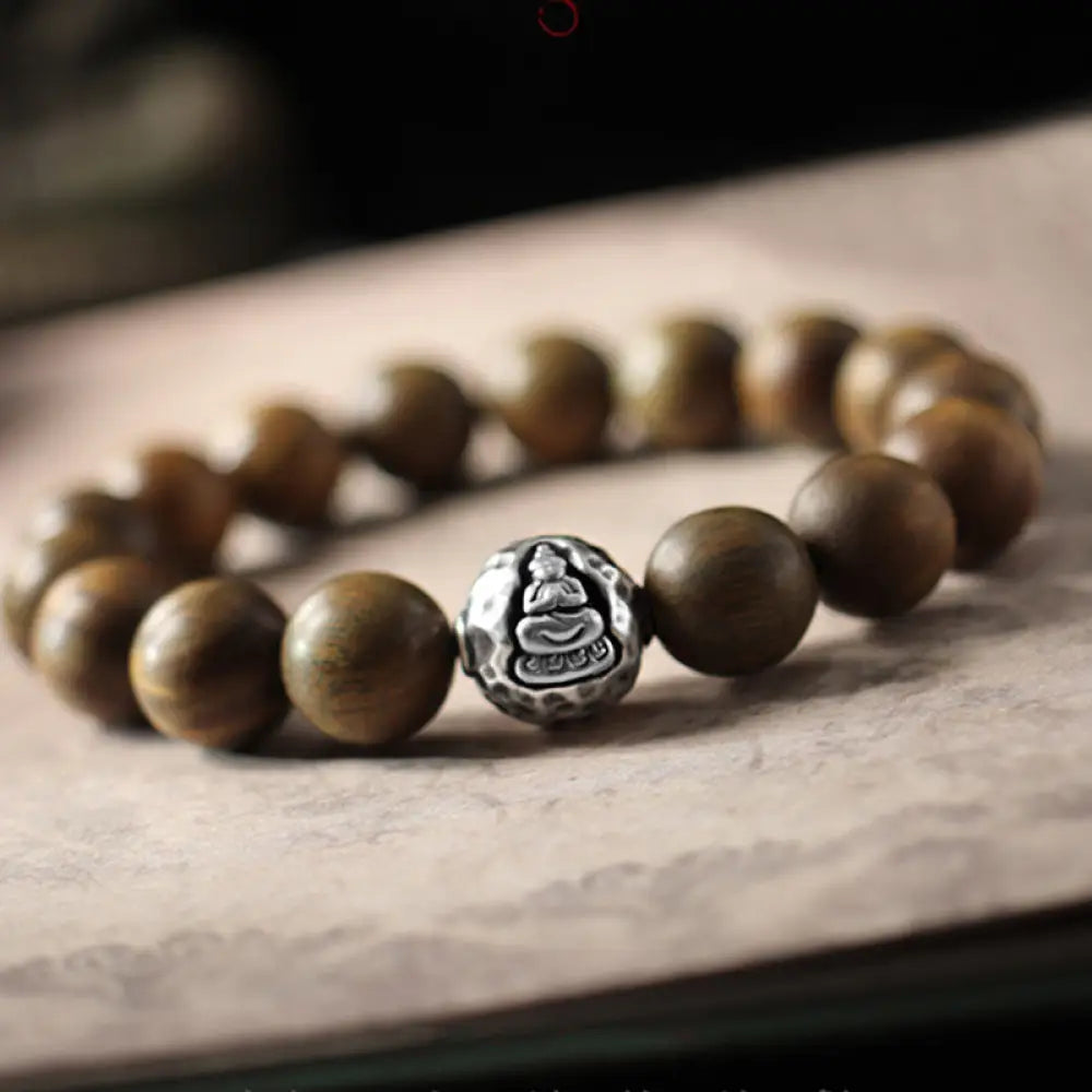 Buddha Stones 999 Sterling Silver Green Sandalwood Small Leaf Red Sandalwood Buddha Cure Bracelet - Green