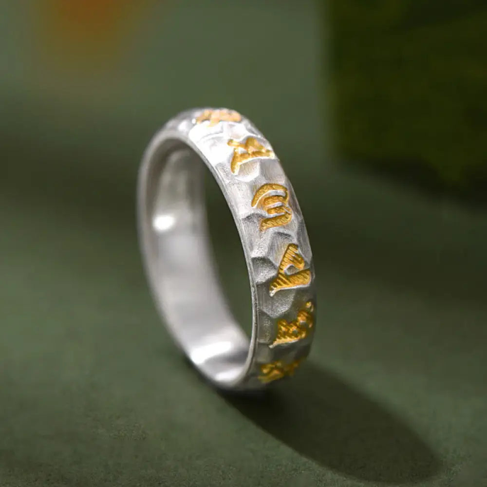 BWOOOH 999 Sterling Silver Hammer Pattern Om Mani Padme Hum Balance Ring — Sterling Silver crystal healing bracelet for sp...