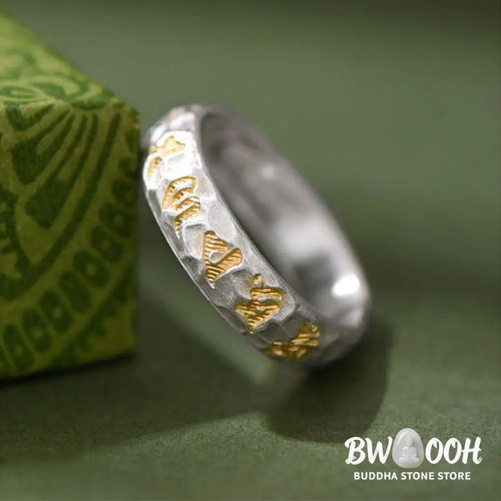 Buddha Stones 999 Sterling Silver Hammer Pattern Om Mani Padme Hum Balance Ring - Silver(5mm) - Ring