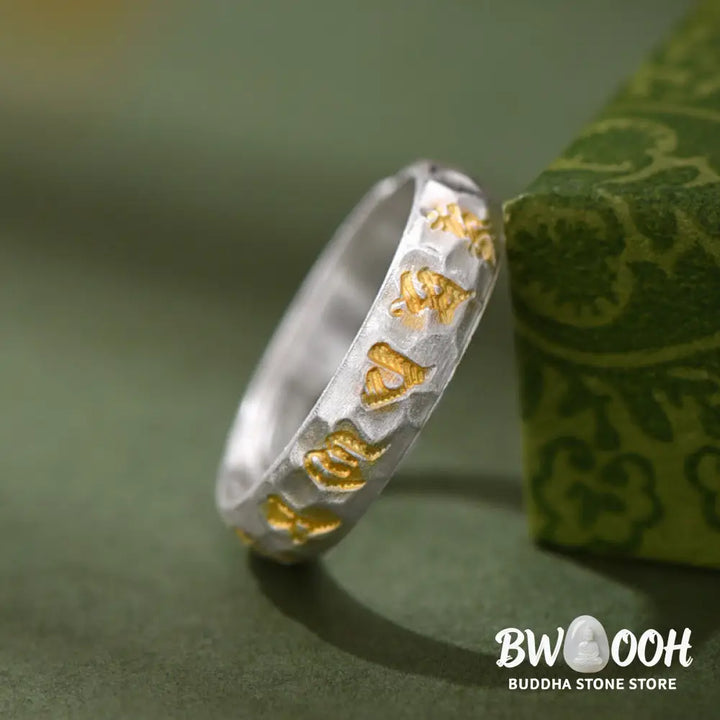 Buddha Stones 999 Sterling Silver Hammer Pattern Om Mani Padme Hum Balance Ring - Silver(5mm) - Ring