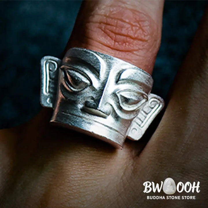 Buddha Stones 999 Sterling Silver Hand Casting Sanxingdui Mask Protection Ring - Ring