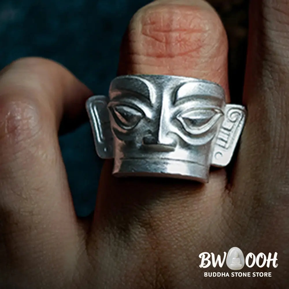 Buddha Stones 999 Sterling Silver Hand Casting Sanxingdui Mask Protection Ring - Ring