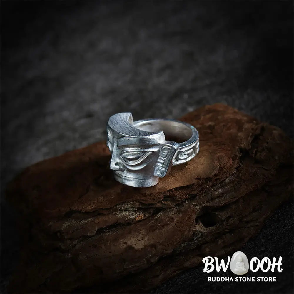 Buddha Stones 999 Sterling Silver Hand Casting Sanxingdui Mask Protection Ring - Ring