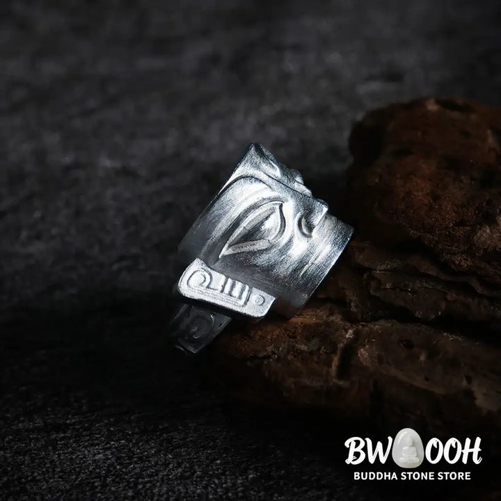 Buddha Stones 999 Sterling Silver Hand Casting Sanxingdui Mask Protection Ring - Ring
