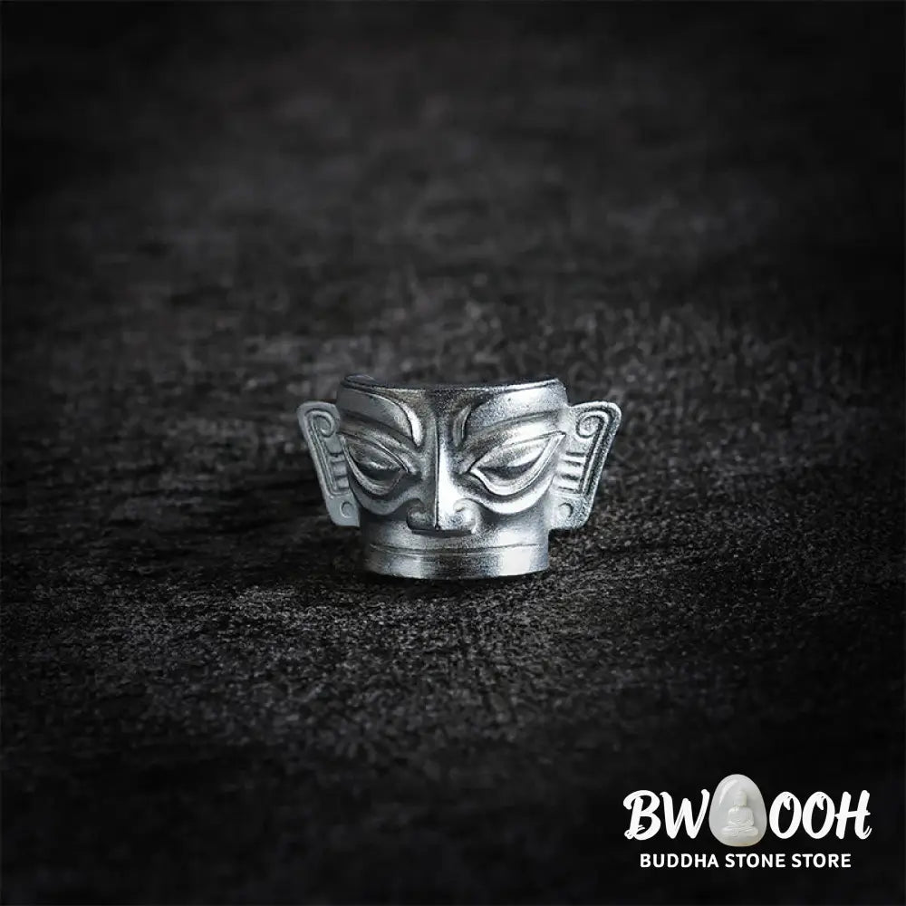 Buddha Stones 999 Sterling Silver Hand Casting Sanxingdui Mask Protection Ring - Ring