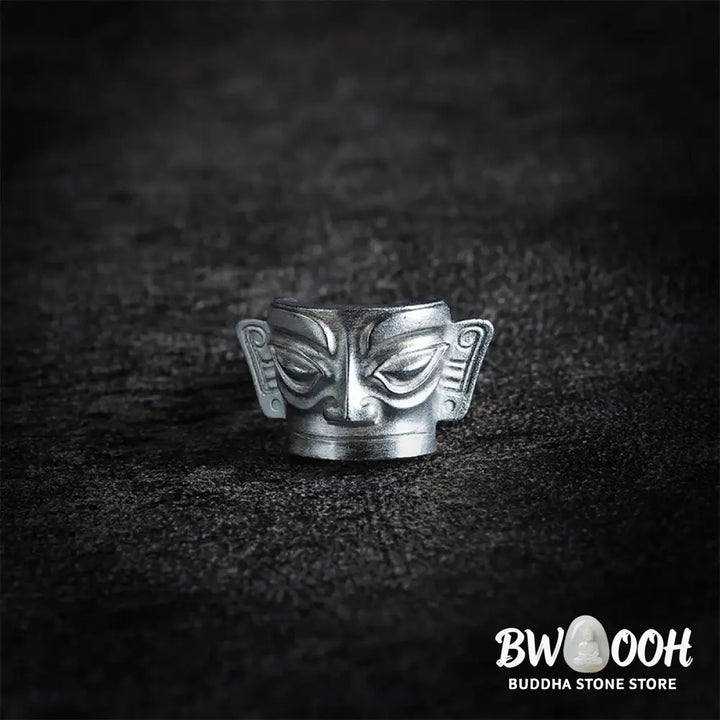 Buddha Stones 999 Sterling Silver Hand Casting Sanxingdui Mask Protection Ring - Ring
