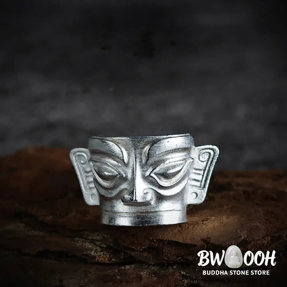 Buddha Stones 999 Sterling Silver Hand Casting Sanxingdui Mask Protection Ring - Ring