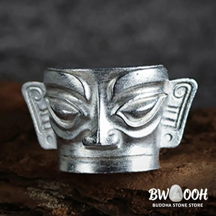 Buddha Stones 999 Sterling Silver Hand Casting Sanxingdui Mask Protection Ring - Ring