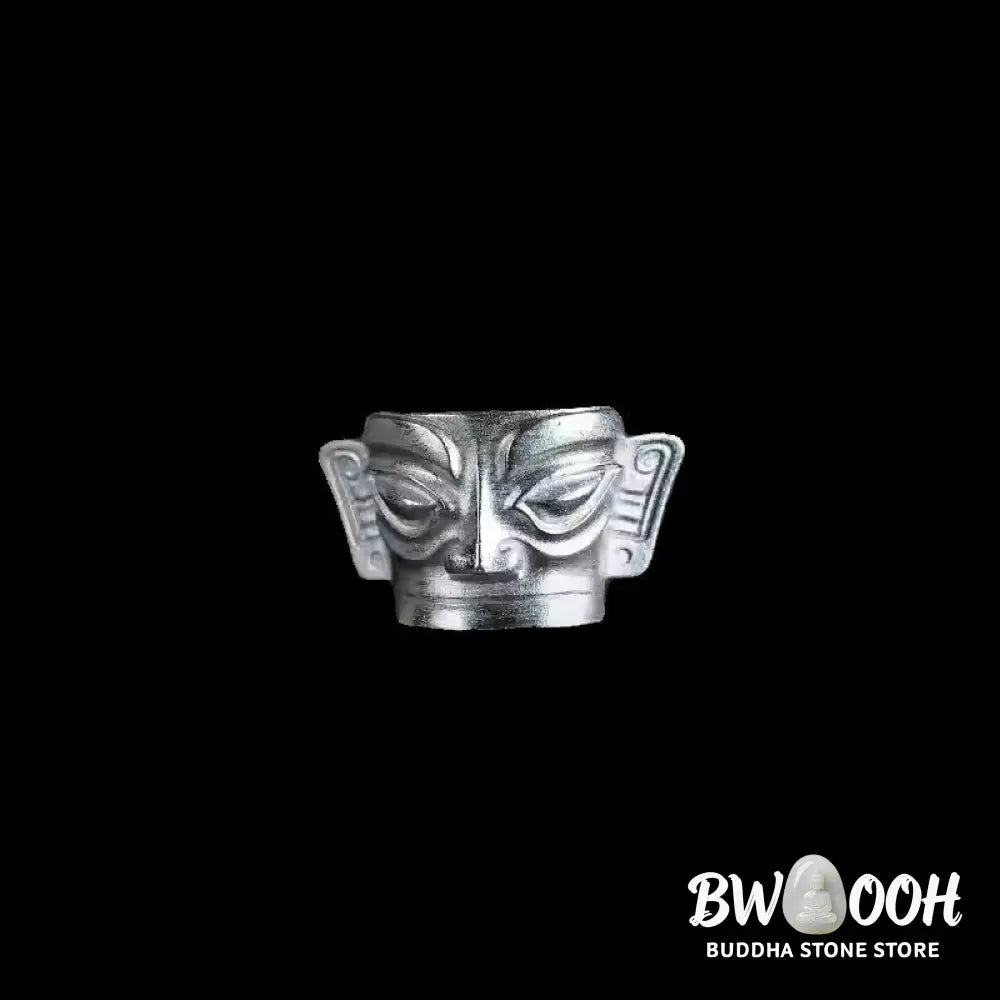Buddha Stones 999 Sterling Silver Hand Casting Sanxingdui Mask Protection Ring - Ring