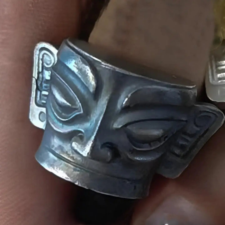 Buddha Stones 999 Sterling Silver Hand Casting Sanxingdui Mask Protection Ring - 999 Sterling Silver Vintage / US6