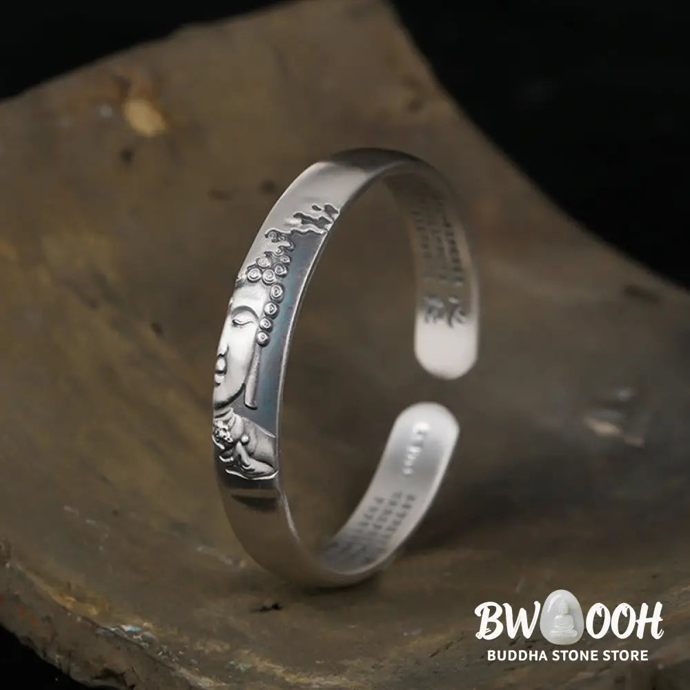 Buddha Stones 999 Sterling Silver Buddha Head Heart Sutra Serenity Bracelet Bangle - BWOOOH - Buddha Symbol (Compassion
