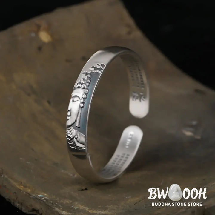 Buddha Stones 999 Sterling Silver Buddha Head Heart Sutra Serenity Bracelet Bangle - BWOOOH - Buddha Symbol (Compassion